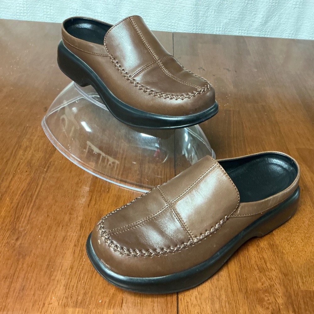 Dansko Brown Leather Whipstitch Mule Clogs Square Toe Platform Shoes Size 40